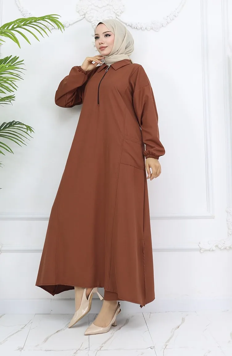 Double Kumaş Uzun Tunik Pantolon İkili Takım 0034-01 Kahverengi