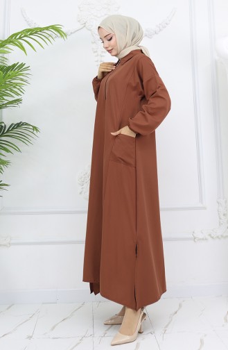 Double Kumaş Uzun Tunik Pantolon İkili Takım 0034-01 Kahverengi