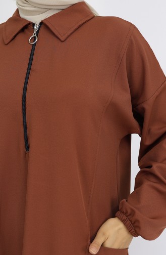 Double Kumaş Uzun Tunik Pantolon İkili Takım 0034-01 Kahverengi