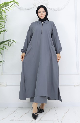 Double Kumaş Uzun Tunik Pantolon İkili Takım 0034-02 Gri