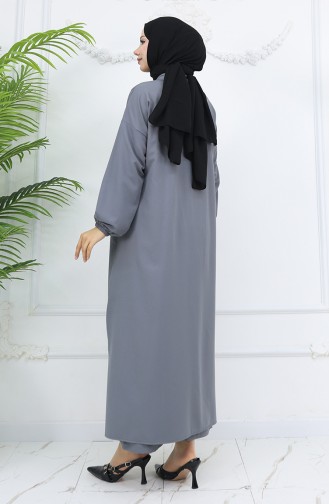 Double Kumaş Uzun Tunik Pantolon İkili Takım 0034-02 Gri