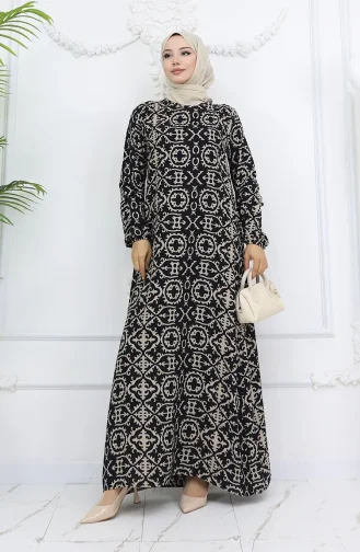 Viskon Kumaş Desenli Elbise 0036-02 Siyah
