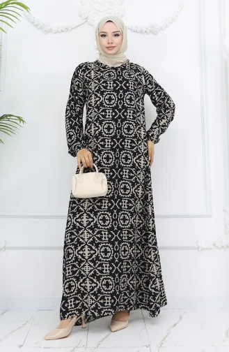 Viskon Kumaş Desenli Elbise 0036-02 Siyah
