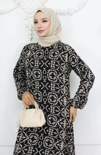 Viskon Kumaş Desenli Elbise 0036-02 Siyah