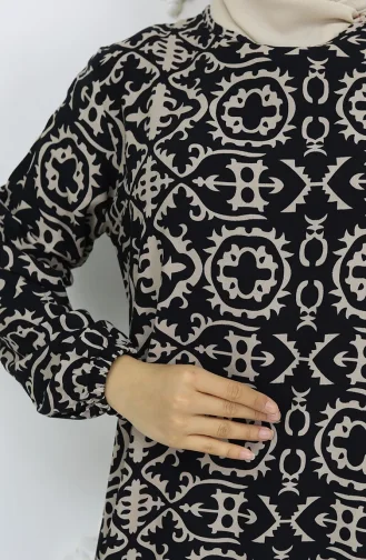 Viskon Kumaş Desenli Elbise 0036-02 Siyah
