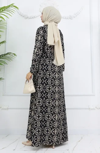Viskon Kumaş Desenli Elbise 0036-02 Siyah