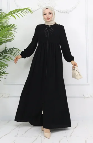 Kolu Lastikli Taşlı Fermuarlı Ferace 6129-01 Siyah