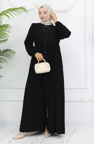 Kolu Lastikli Taşlı Fermuarlı Ferace 6129-01 Siyah