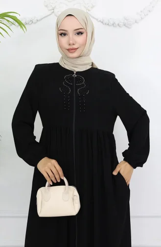 Kolu Lastikli Taşlı Fermuarlı Ferace 6129-01 Siyah