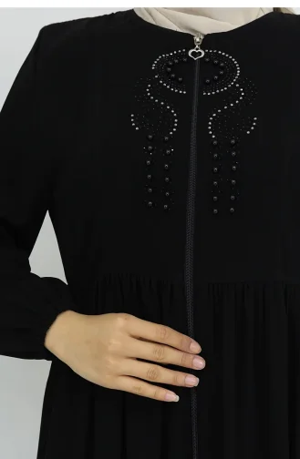 Kolu Lastikli Taşlı Fermuarlı Ferace 6129-01 Siyah