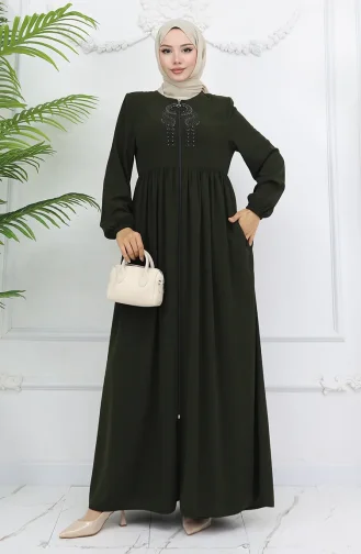 Kolu Lastikli Taşlı Fermuarlı Ferace 6129-02 Haki