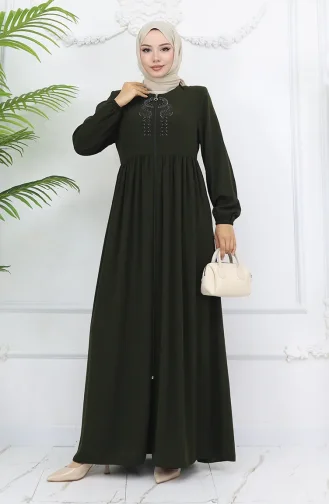 Kolu Lastikli Taşlı Fermuarlı Ferace 6129-02 Haki