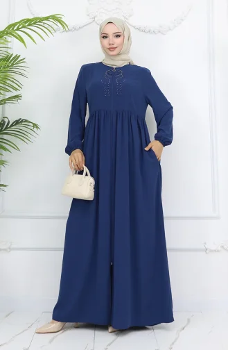Kolu Lastikli Taşlı Fermuarlı Ferace 6129-03 İndigo