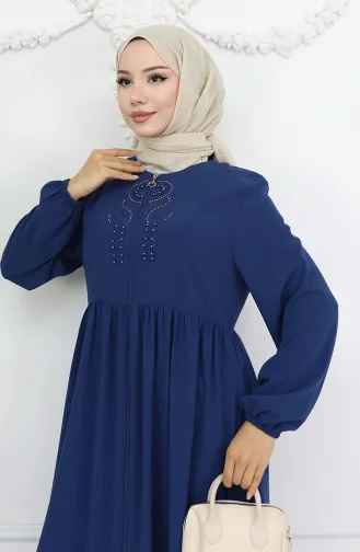 Kolu Lastikli Taşlı Fermuarlı Ferace 6129-03 İndigo