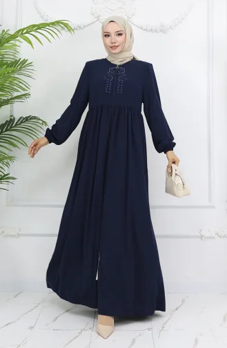 Kolu Lastikli Taşlı Fermuarlı Ferace 6129-04 Lacivert