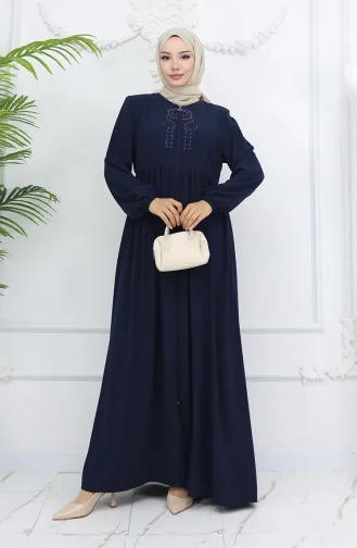 Kolu Lastikli Taşlı Fermuarlı Ferace 6129-04 Lacivert