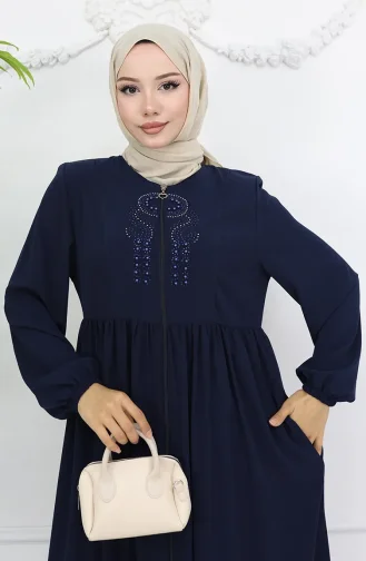 Kolu Lastikli Taşlı Fermuarlı Ferace 6129-04 Lacivert