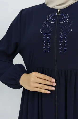Kolu Lastikli Taşlı Fermuarlı Ferace 6129-04 Lacivert