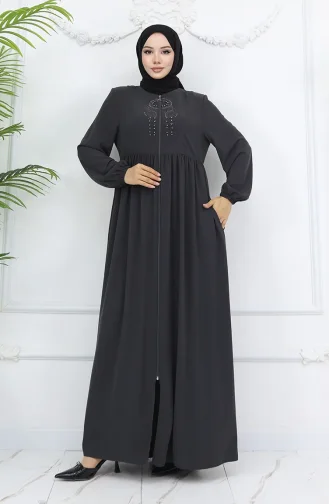 Kolu Lastikli Taşlı Fermuarlı Ferace 6129-05 Gri