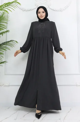 Kolu Lastikli Taşlı Fermuarlı Ferace 6129-05 Gri