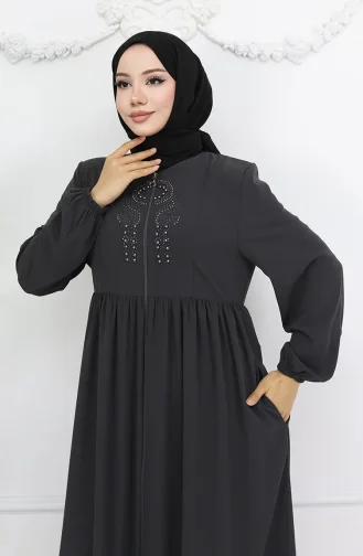 Kolu Lastikli Taşlı Fermuarlı Ferace 6129-05 Gri