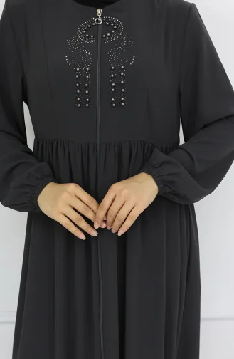 Kolu Lastikli Taşlı Fermuarlı Ferace 6129-05 Gri