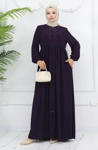 Kolu Lastikli Taşlı Fermuarlı Ferace 6129-06 Mürdüm