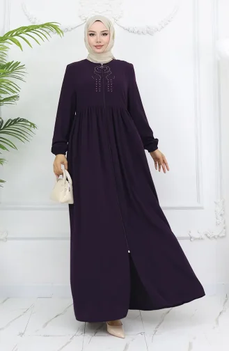 Kolu Lastikli Taşlı Fermuarlı Ferace 6129-06 Mürdüm