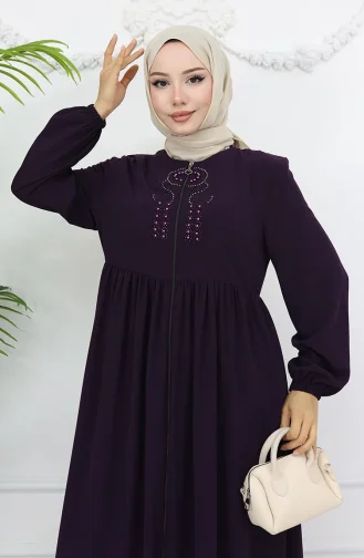 Kolu Lastikli Taşlı Fermuarlı Ferace 6129-06 Mürdüm