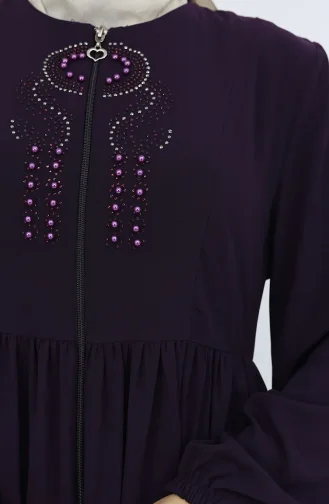 Kolu Lastikli Taşlı Fermuarlı Ferace 6129-06 Mürdüm