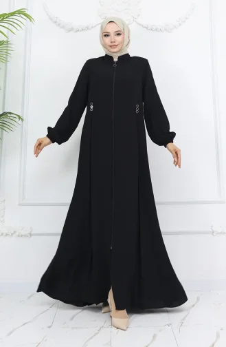 Düğme Detaylı Fermuarlı Ferace 6203-02 Siyah