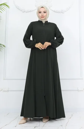 Abaya Zippée à Boutons Et Détails 6203-03 Kaki 6203-03