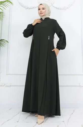 Abaya Zippée à Boutons Et Détails 6203-03 Kaki 6203-03