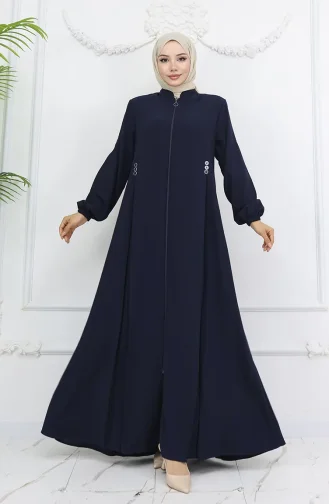 Abaya Zippée à Boutons Et Détails 6203-04 Bleu Marine 6203-04