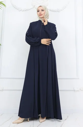 Abaya Zippée à Boutons Et Détails 6203-04 Bleu Marine 6203-04