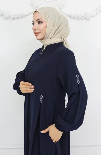 Abaya Zippée à Boutons Et Détails 6203-04 Bleu Marine 6203-04