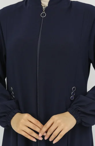 Abaya Zippée à Boutons Et Détails 6203-04 Bleu Marine 6203-04