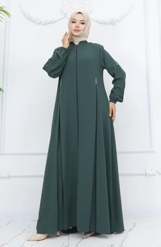 Button Detailed Zippered Abaya 6203-05 Aqua Green 6203-05