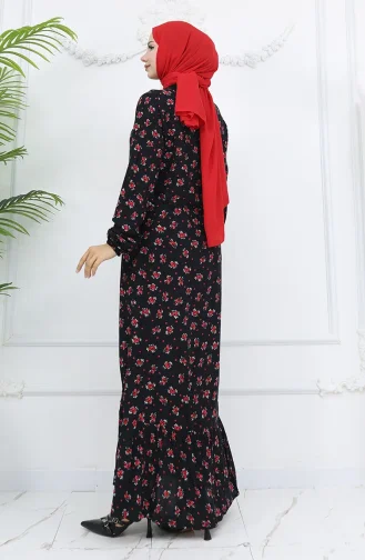 Viskon Kumaş Desenli Elbise 0035-02 Siyah