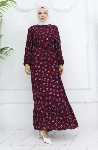 Viskon Kumaş Desenli Elbise 0035-03 Mürdüm