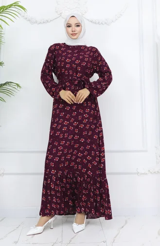 Viskon Kumaş Desenli Elbise 0035-03 Mürdüm