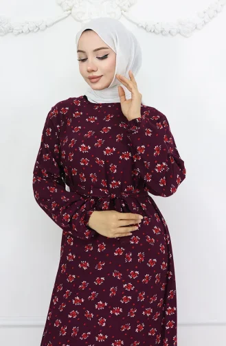 Viskon Kumaş Desenli Elbise 0035-03 Mürdüm