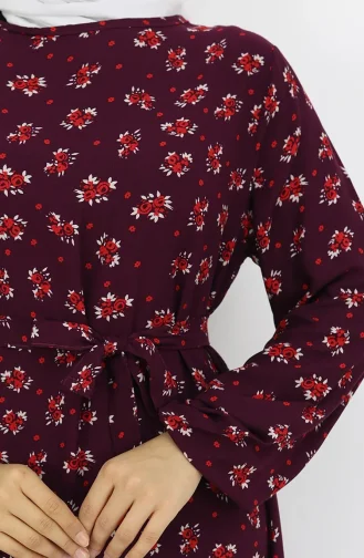 Viskon Kumaş Desenli Elbise 0035-03 Mürdüm