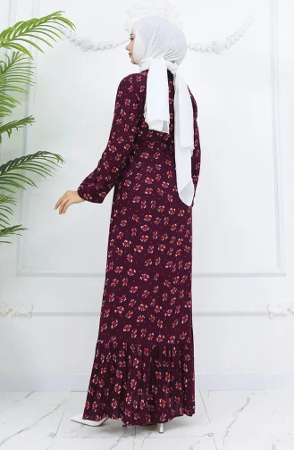 Viskon Kumaş Desenli Elbise 0035-03 Mürdüm