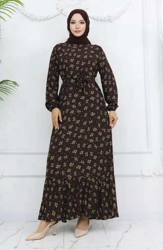 Viskon Kumaş Desenli Elbise 0035-05 Kahverengi