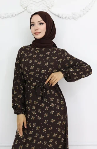 Viskon Kumaş Desenli Elbise 0035-05 Kahverengi