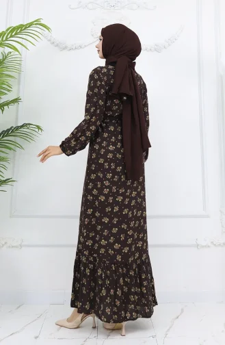 Viskon Kumaş Desenli Elbise 0035-05 Kahverengi