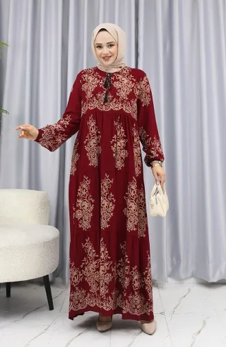 Viskon Kumaş Desenli Püsküllü Elbise 4081-01 Bordo