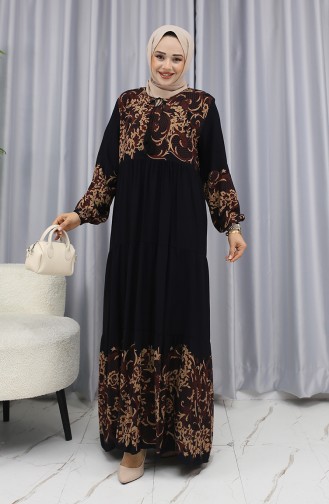 Sulu Desen Elbise 4082-01 Siyah Kahverengi