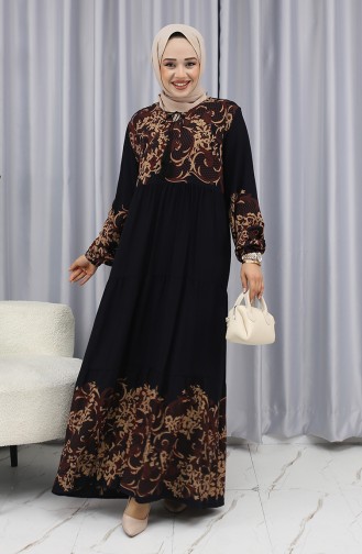 Sulu Desen Elbise 4082-01 Siyah Kahverengi